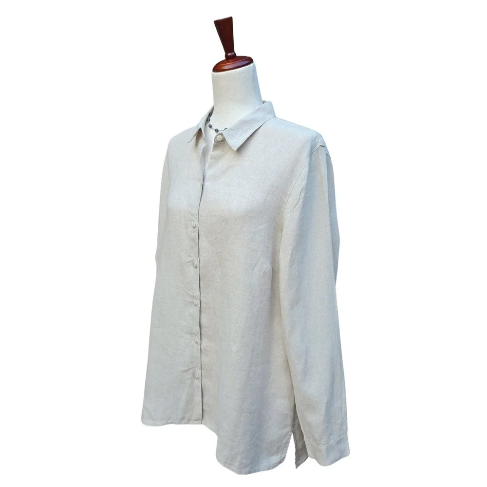 J. Jill Love Linen Button Down L Beige Coastal Minimalist Oversize Long Sleeve - Picture 13 of 13